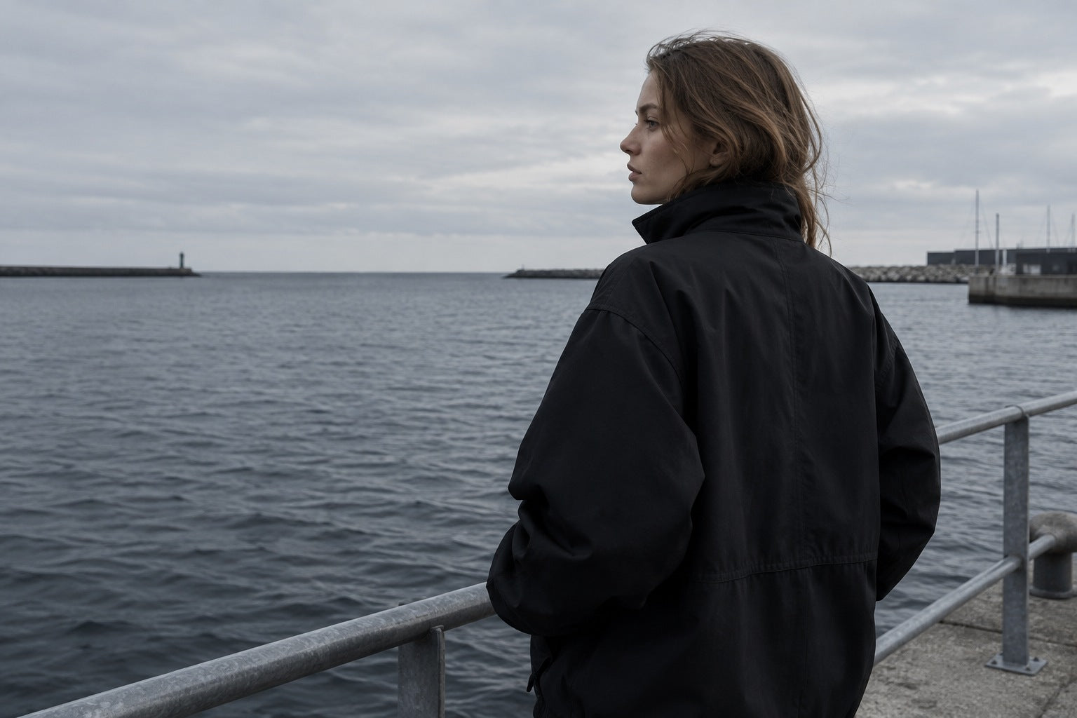 En model i mørk jakke ved vandet. Marina 01 kampagnekoncept.
