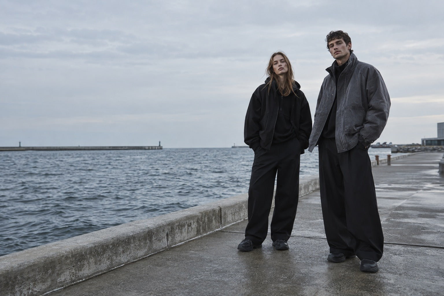 To modeller i mørk streetwear på en mole. Marina 01 kampagnekoncept.